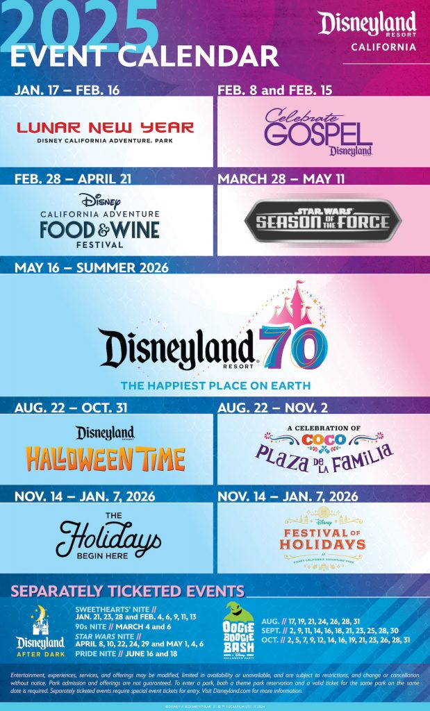 The event calendar for Disneyland’s 70th anniversary year 2025